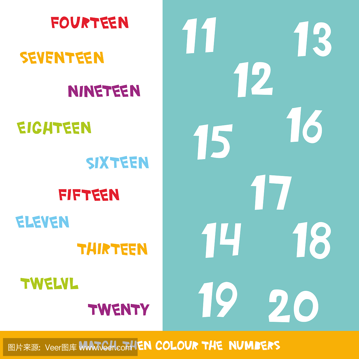 Match then colour the numbers 11 to 20. Kids w