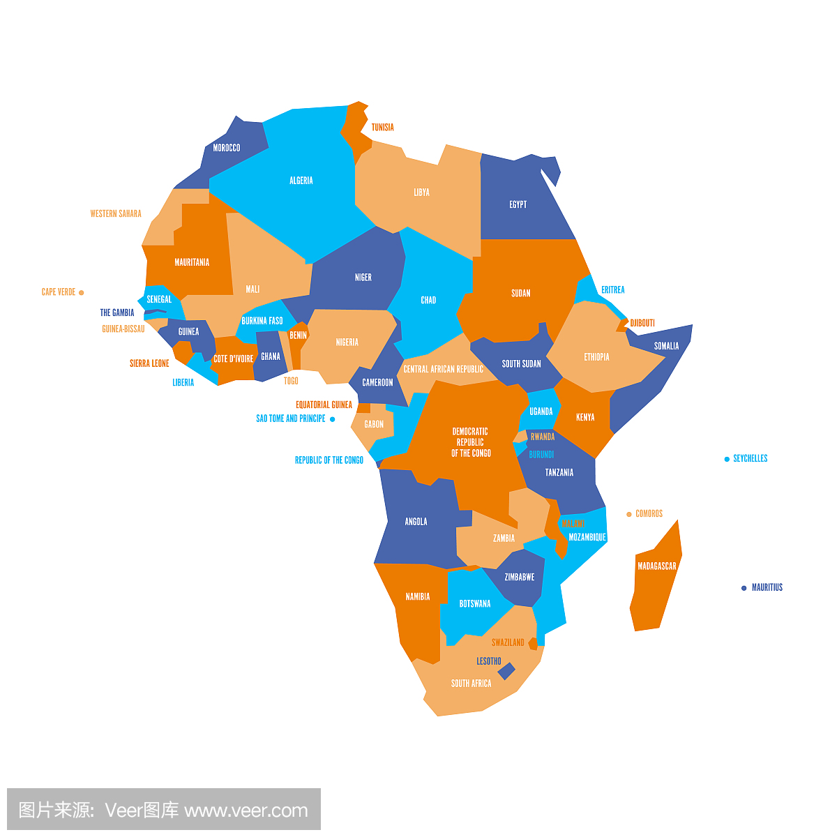 非洲简化的非洲地理信息政治地图。简单的几何