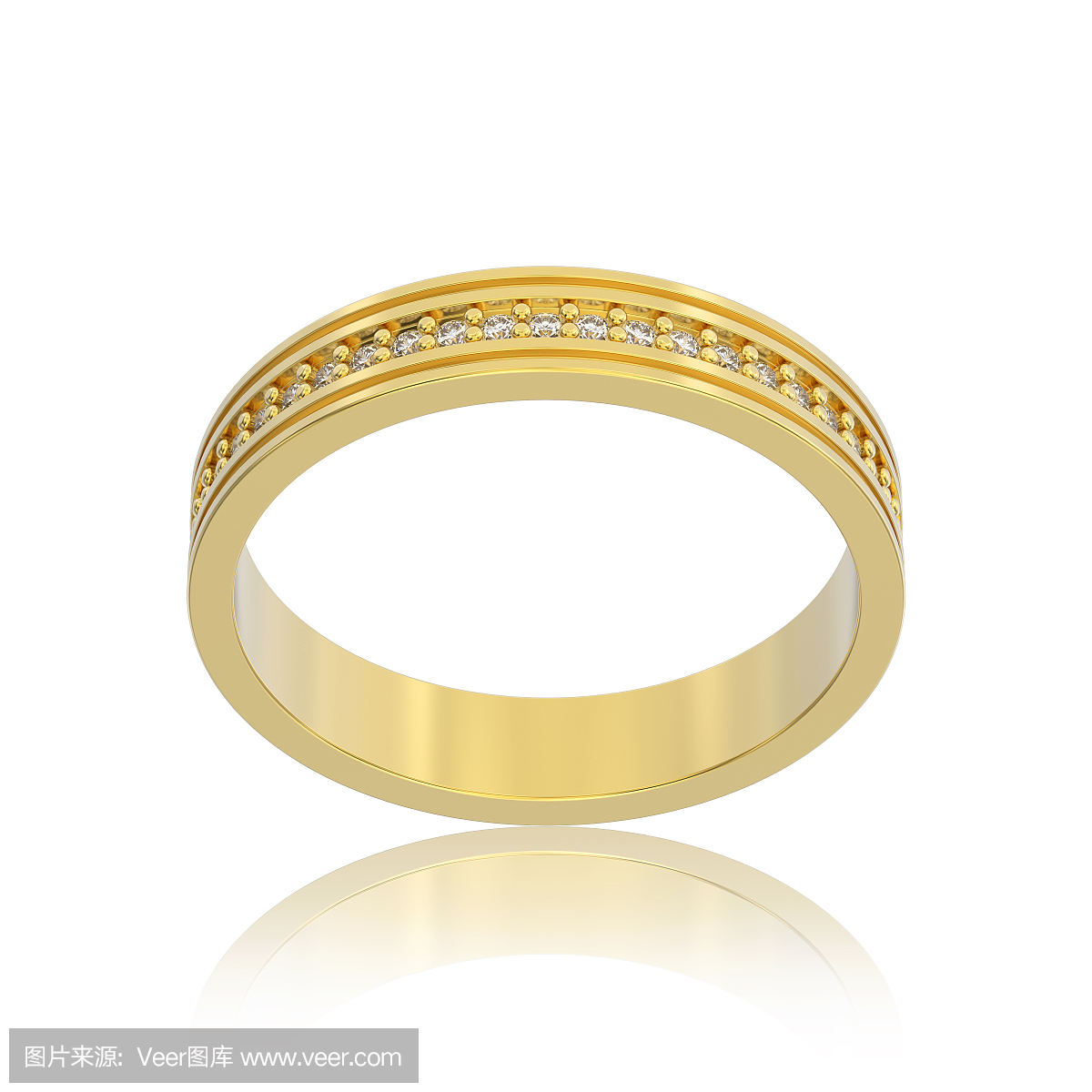 孤立的三维图黄色订婚结婚戒指带反射的钻石戒