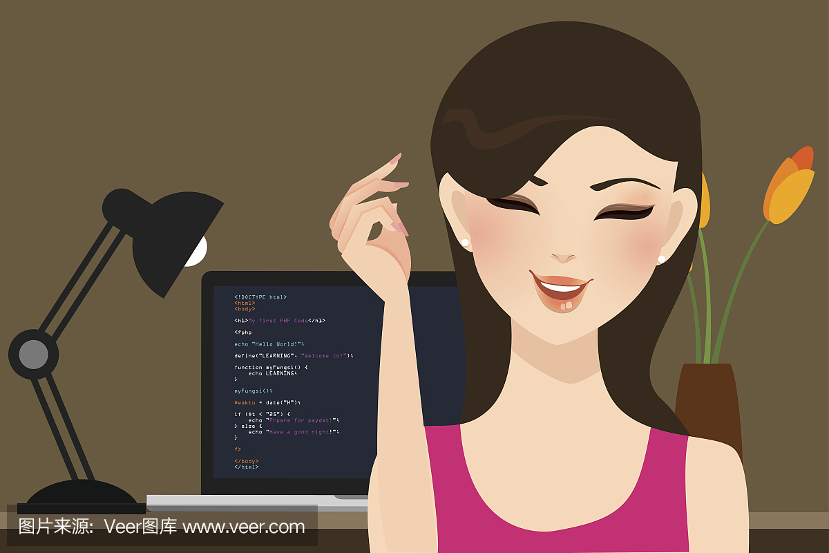 美丽的女孩女性程序员职业工作编程在笔记本电