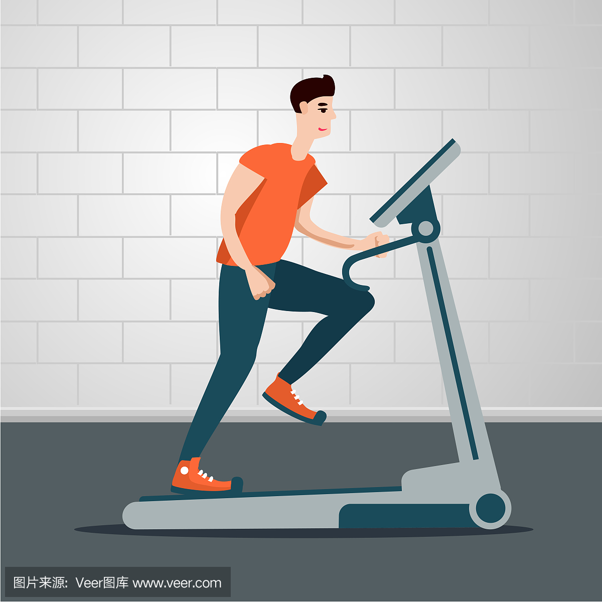 年轻男子在跑步机上跑步。室内运动卡通平面插
