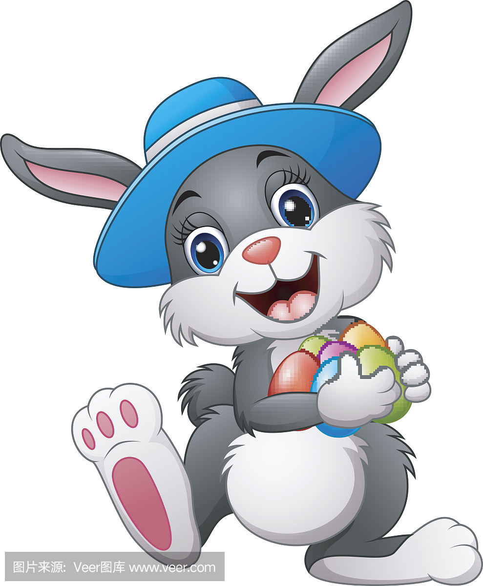 快乐复活节兔子戴着帽子携带鸡蛋