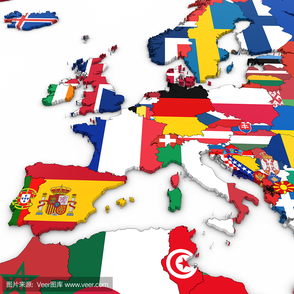 西欧的3D地图与国旗在白色背景3D插图