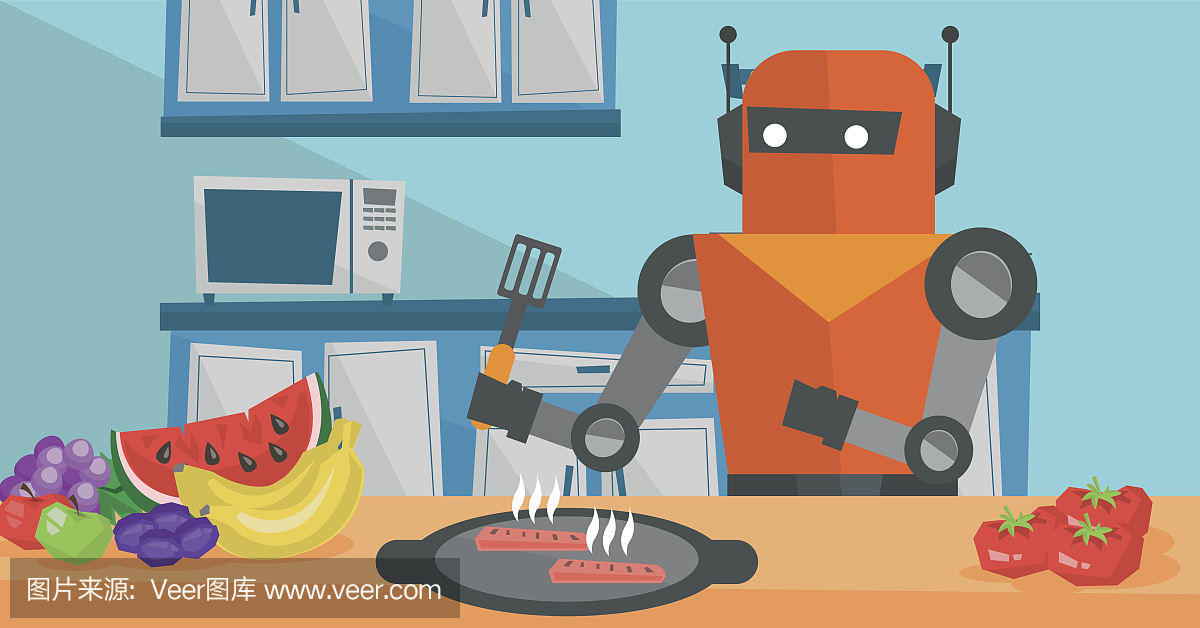 机器人家庭主妇在厨房准备早餐