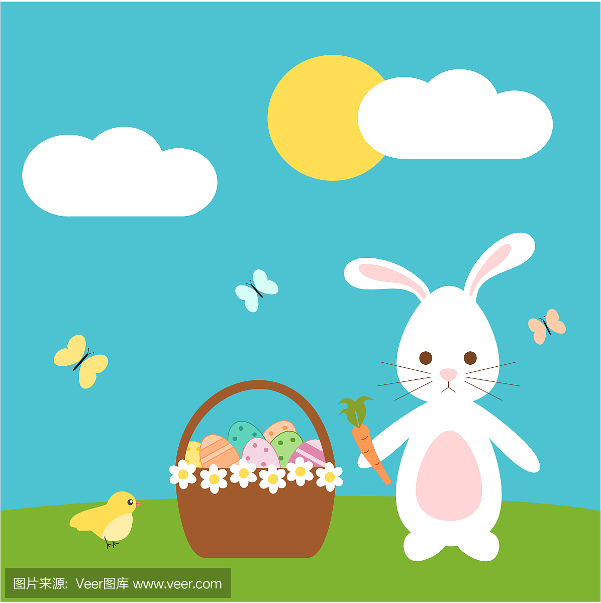 可爱的复活节矢量卡通与可爱的兔子兔子鸟和蛋