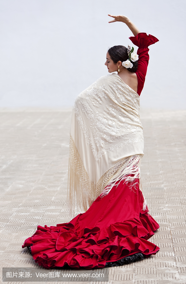 传统女子西班牙佛兰明高舞者红色连衣裙