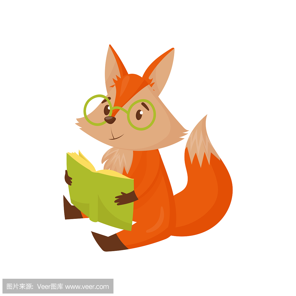 可爱的智能卡通红狐狸字符坐在地板上读一本书