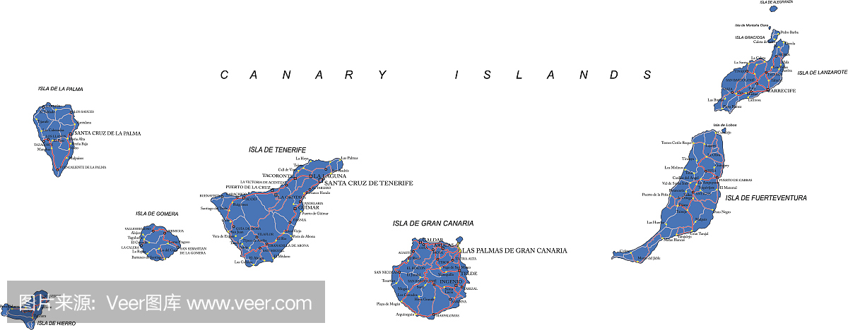 在白色背景上的加那利群岛的蓝色详细地图
