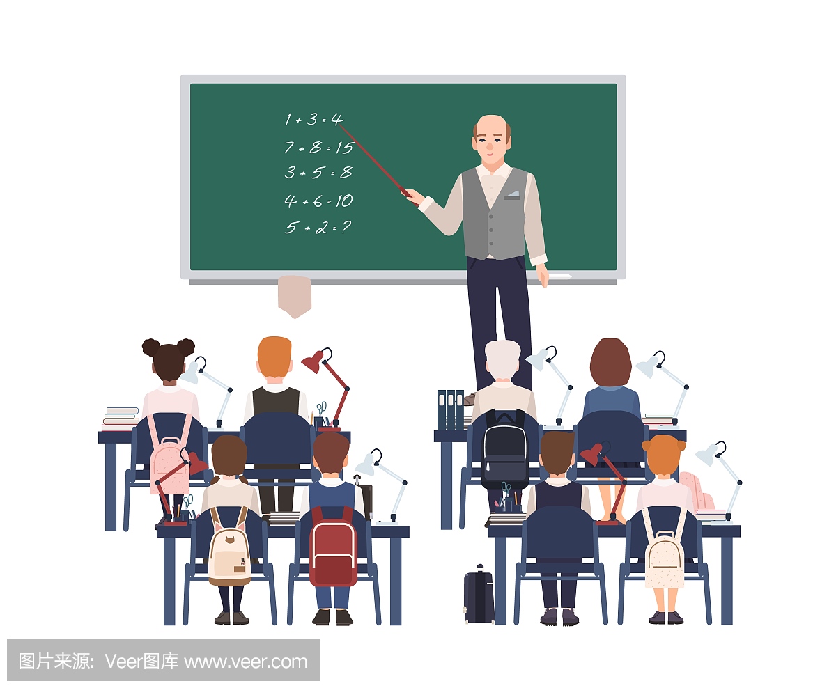 男性数学老师解释除了小学的孩子或学生。教数