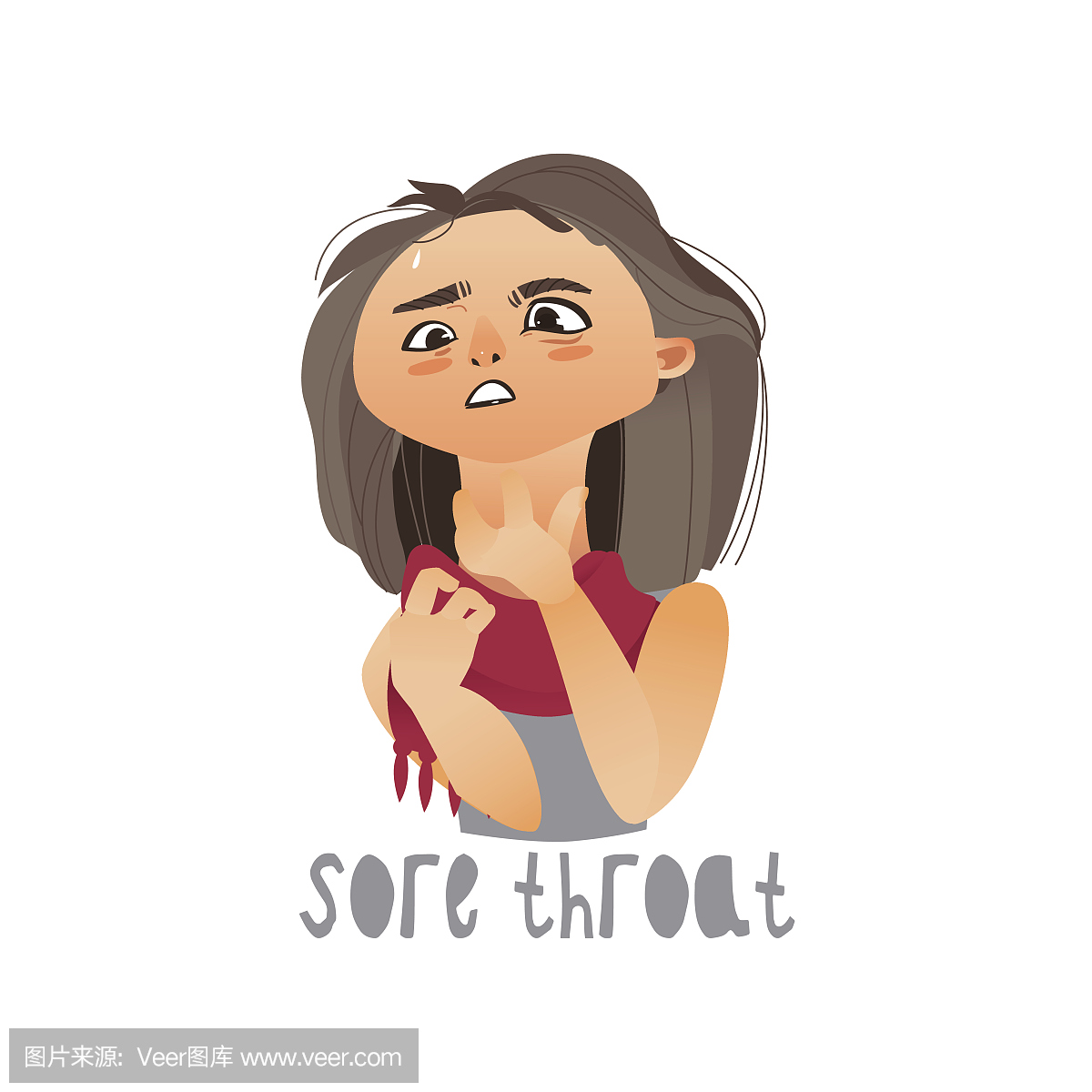 Vector young sick girl suffering from sore throat