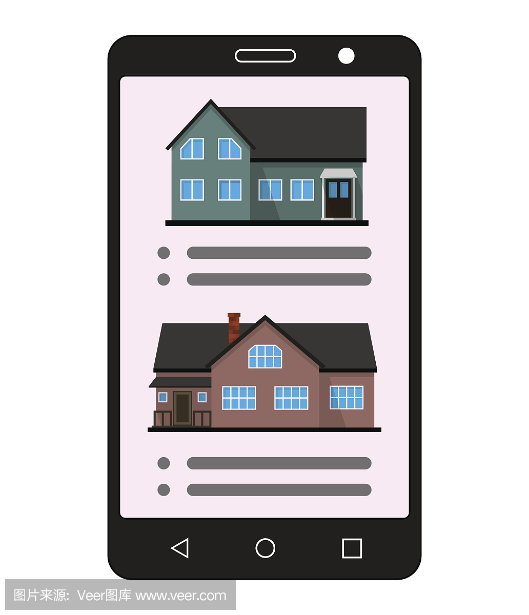 智能手机与房地产应用程序房屋出售。