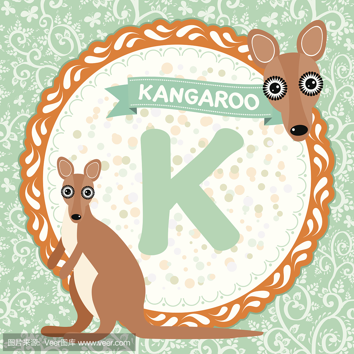 ABC动物K是袋鼠。儿童英文字母表。向量