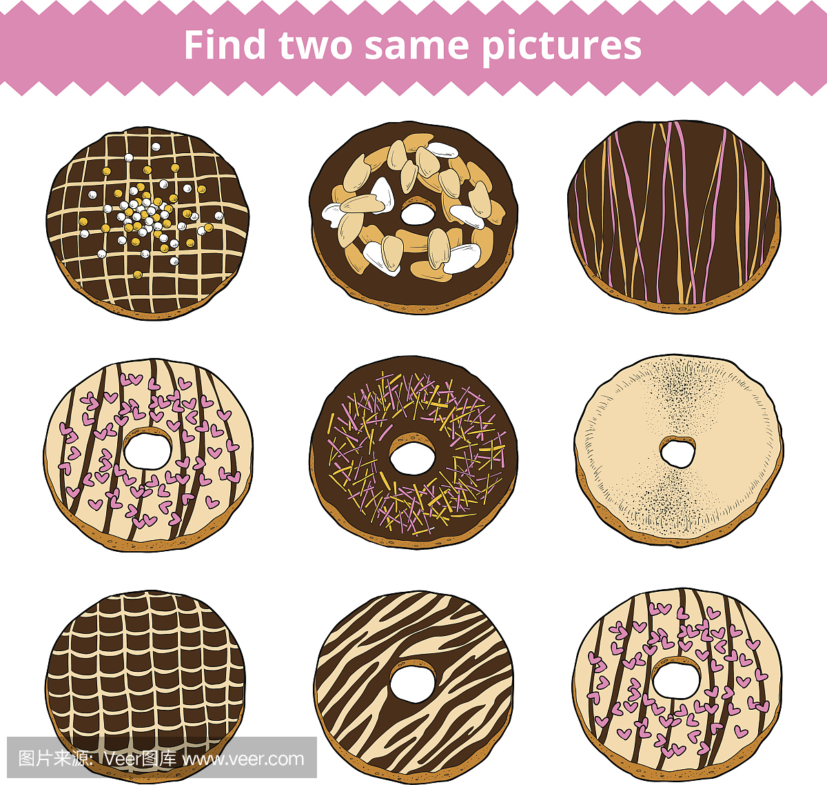 找到两张相同的图片。矢量颜色集的甜甜圈