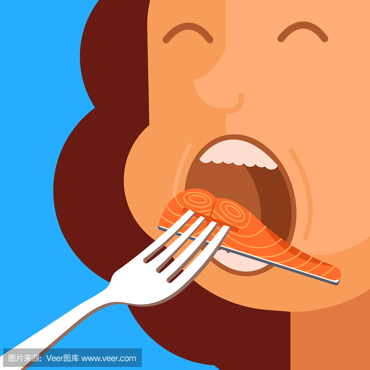 饥饿的女人性格把红三文鱼鱼放在张开嘴的叉子