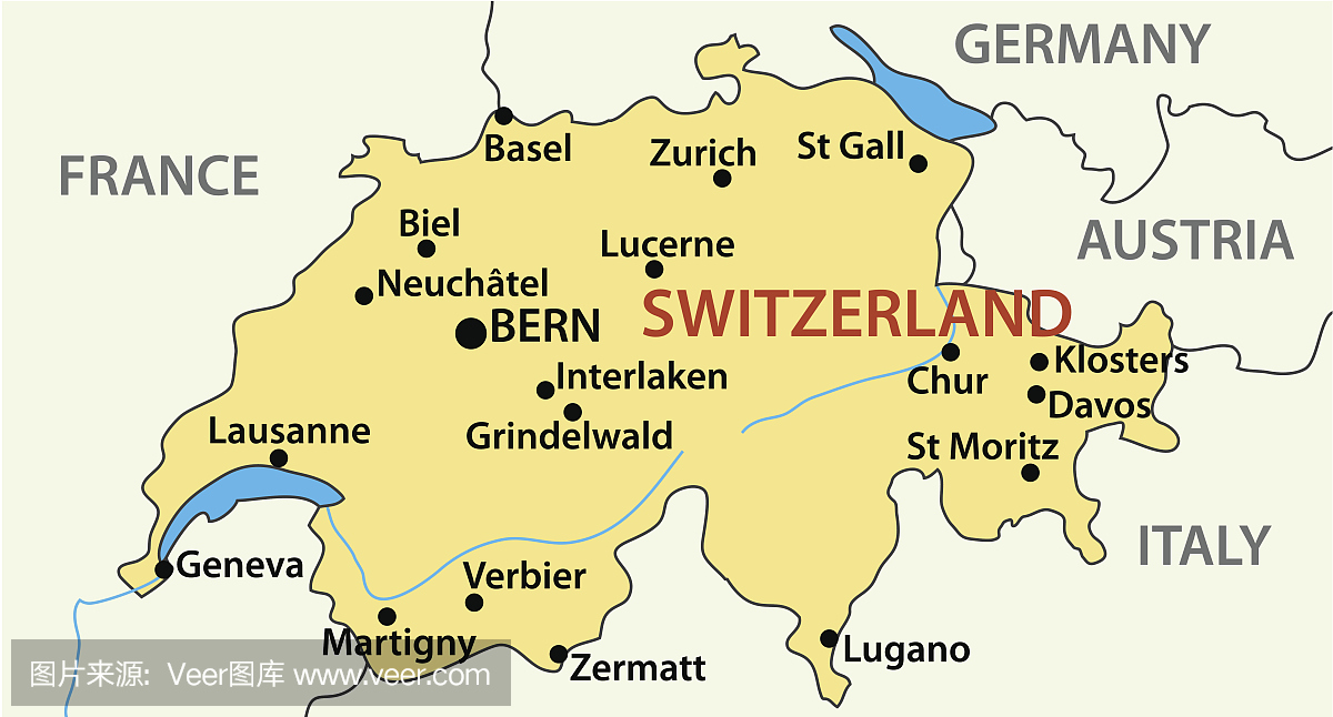 瑞士地图 - 矢量图