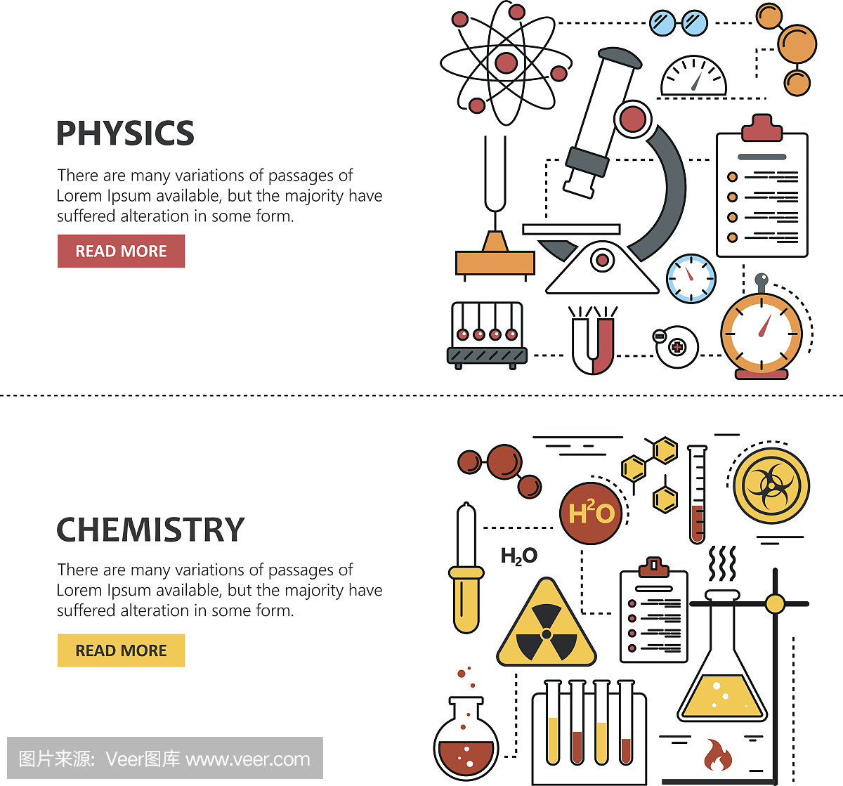 科学横幅矢量概念在线风格。化学和物理设计元