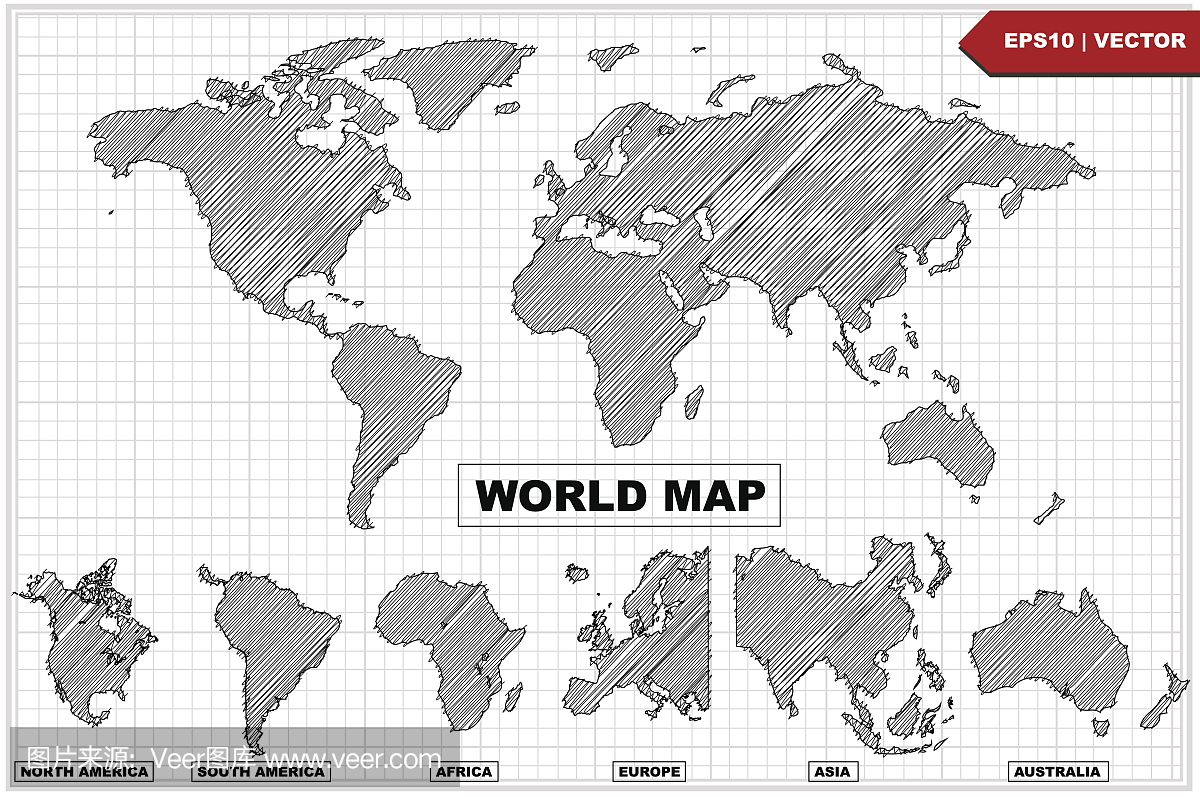 手画涂鸦世界地图的线条,矢量插图
