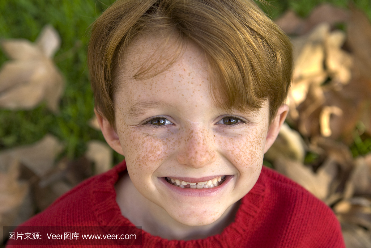 秋天的男孩红头发雀斑脸儿童微笑,户外圣诞节