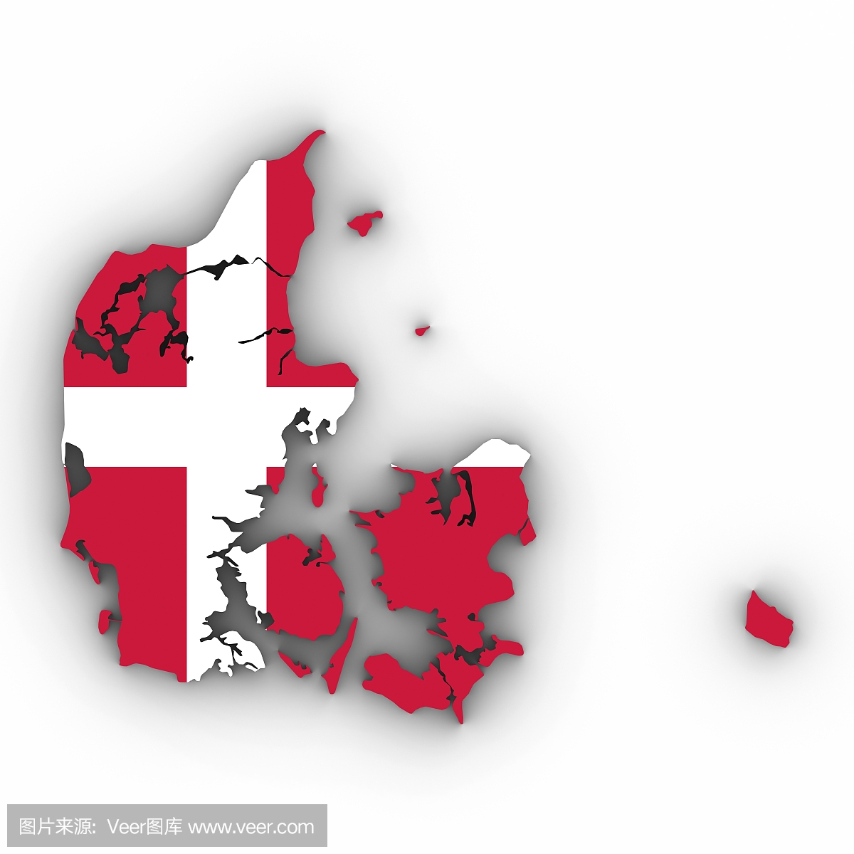 丹麦地图大纲丹麦国旗在白色与阴影3D插图