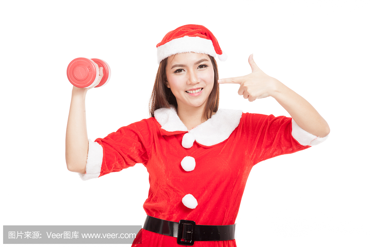 亚洲圣诞女孩与圣诞老人的衣服指向红色的哑铃