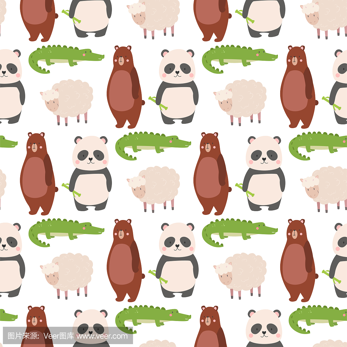 卡通熊动物园的性格不同的羊鳄鱼熊猫姿势矢量