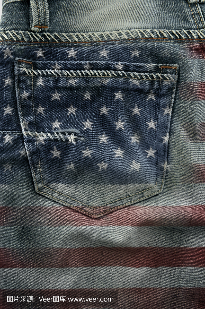 美国国旗在牛仔裤上。