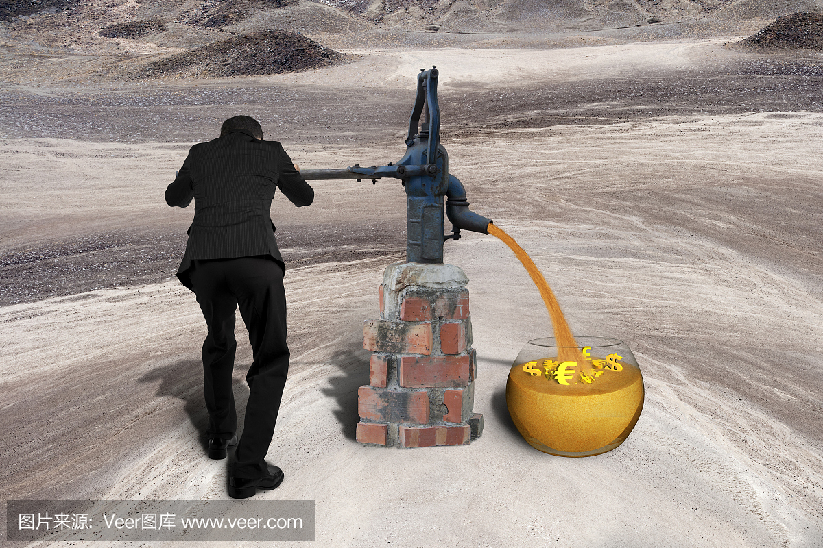 男子绘金色沙币货币符号复古泵沙漠