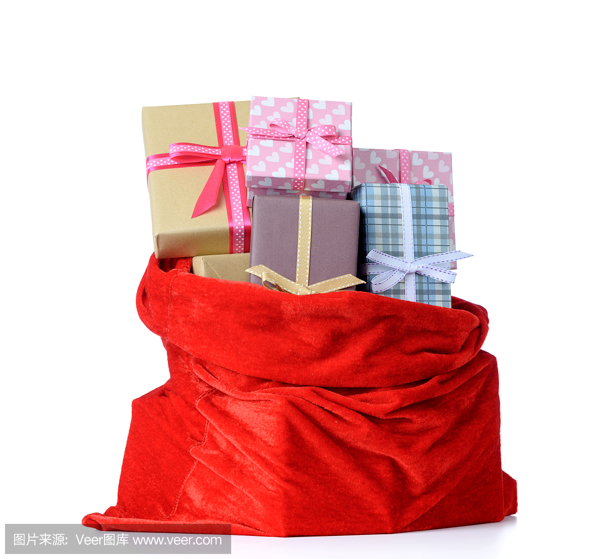 充分圣诞老人红色袋子有礼物的圣诞节箱子在白