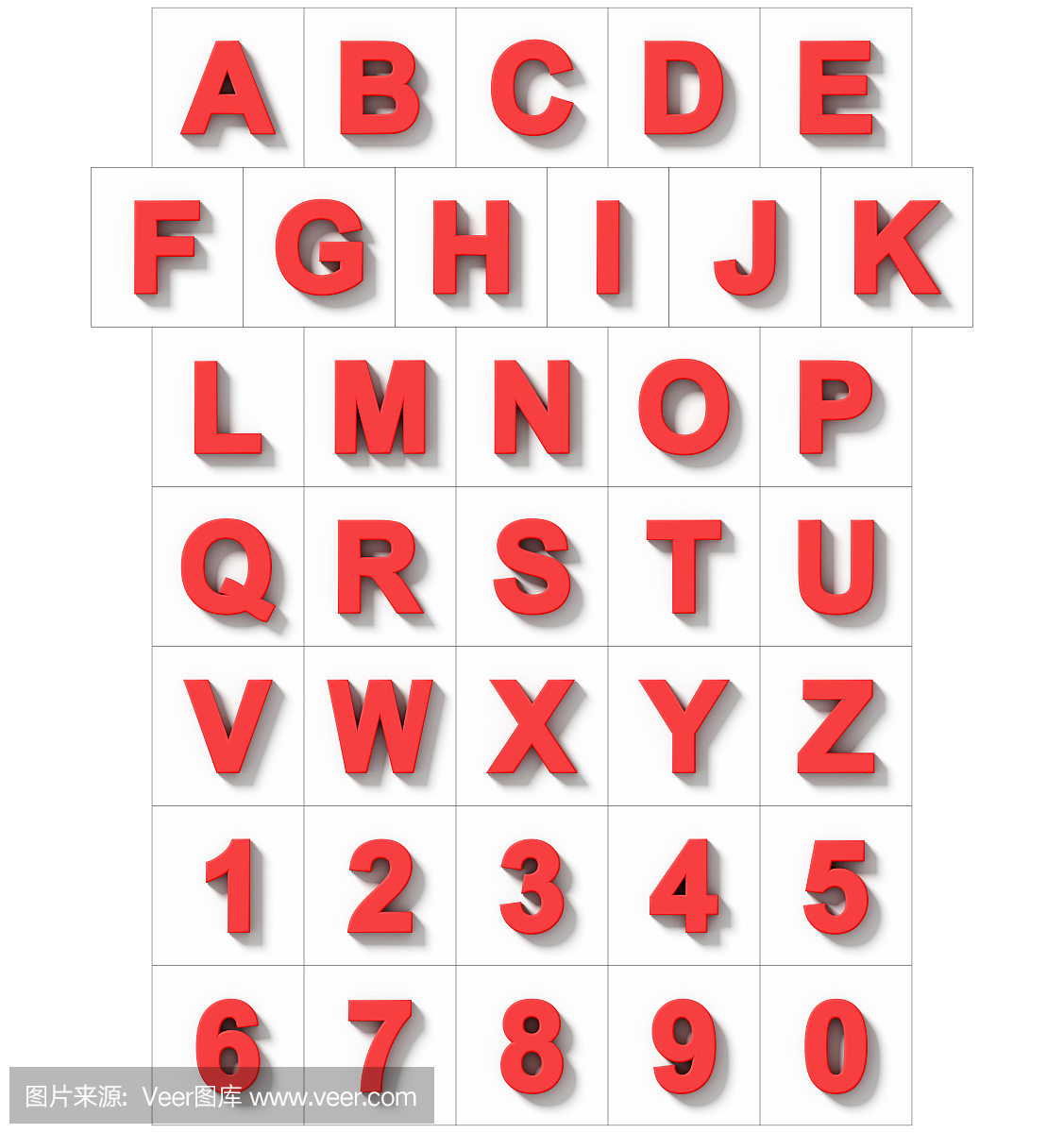 字母和数字3D红色孤立在白色与阴影 - 正交投