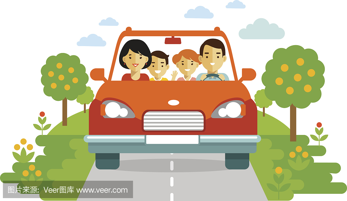 幸福的家庭旅行乘汽车在自然背景