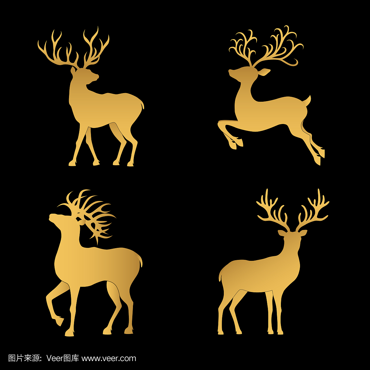 黄金圣诞鹿剪影孤立在黑色背景上。