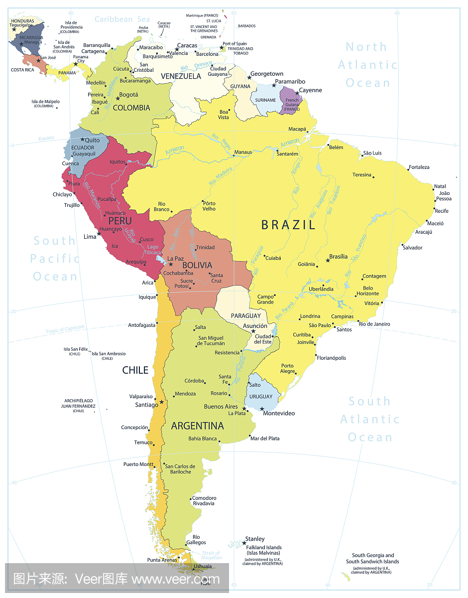 南美详细政治地图孤立在白色