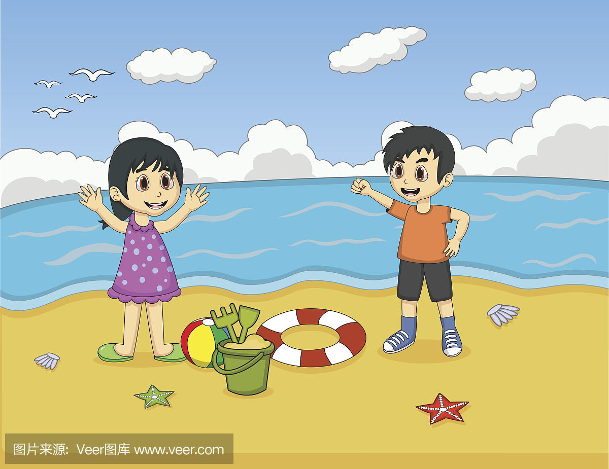 孩子们在沙滩上玩卡通