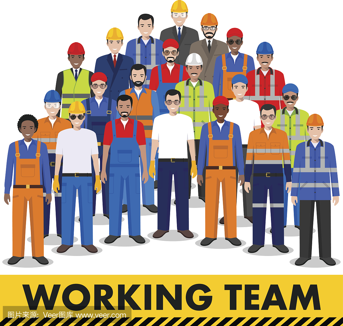 一群工作人员,建筑师和工程师站在白色背景下