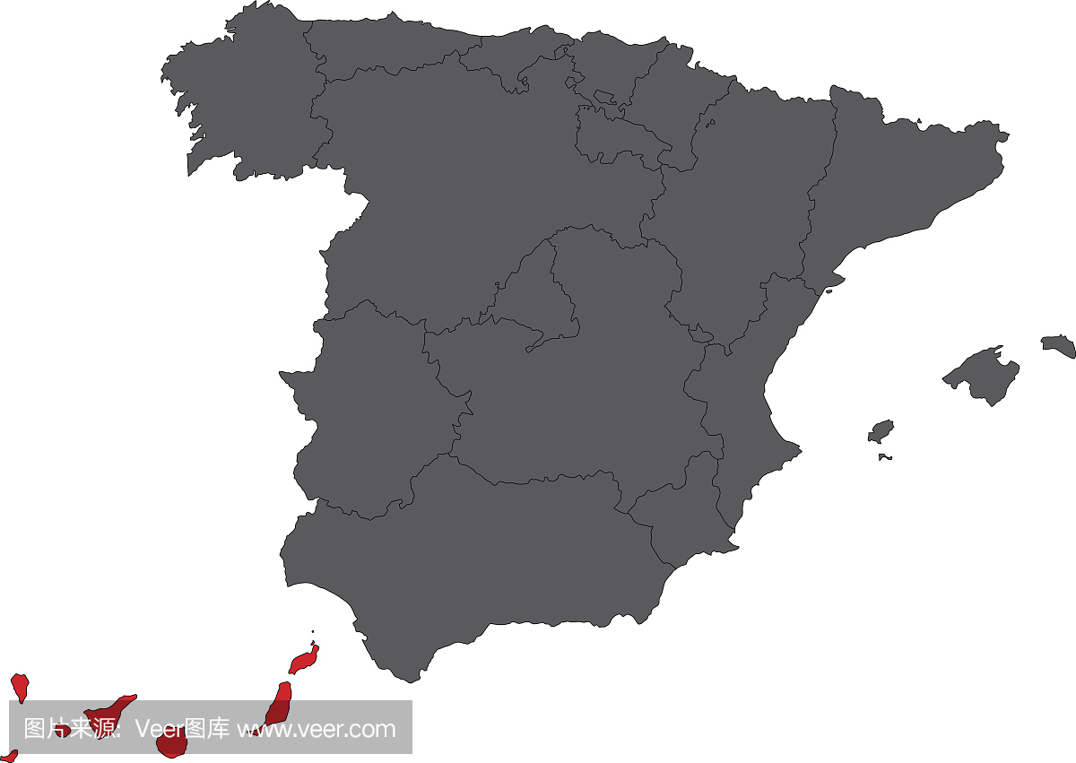 加那利群岛红色地图上的灰色西班牙地图矢量图