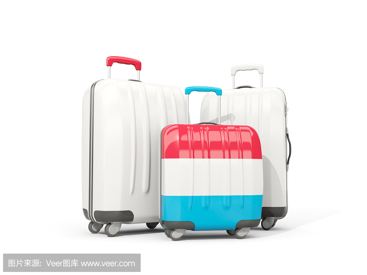 行李与卢森堡国旗。三个白色孤立的袋子
