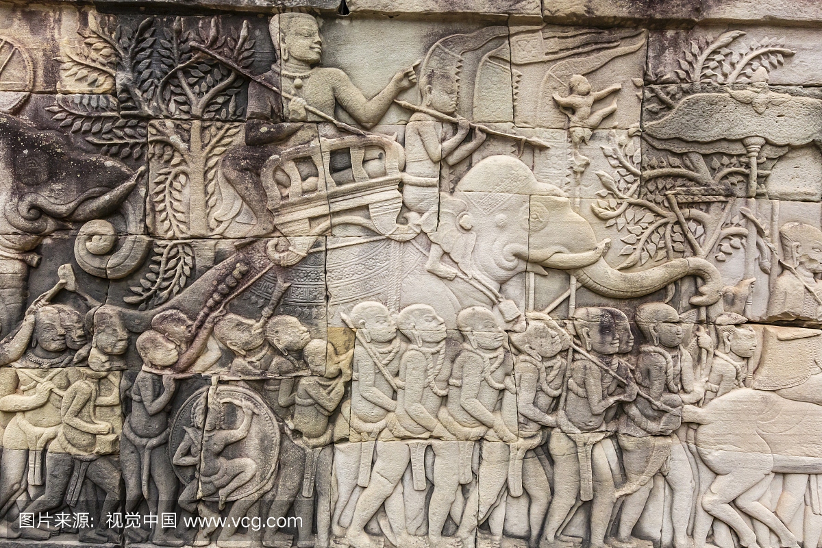 柬埔寨吴哥窟巴戎寺的浮雕雕刻,联合国教科文