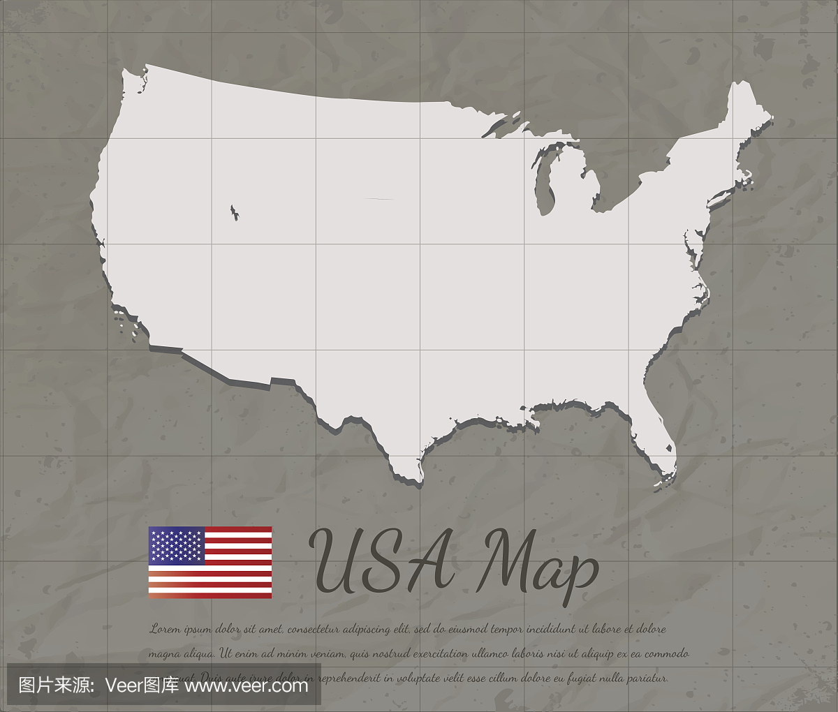 葡萄酒美国地图。纸卡地图剪影。向量