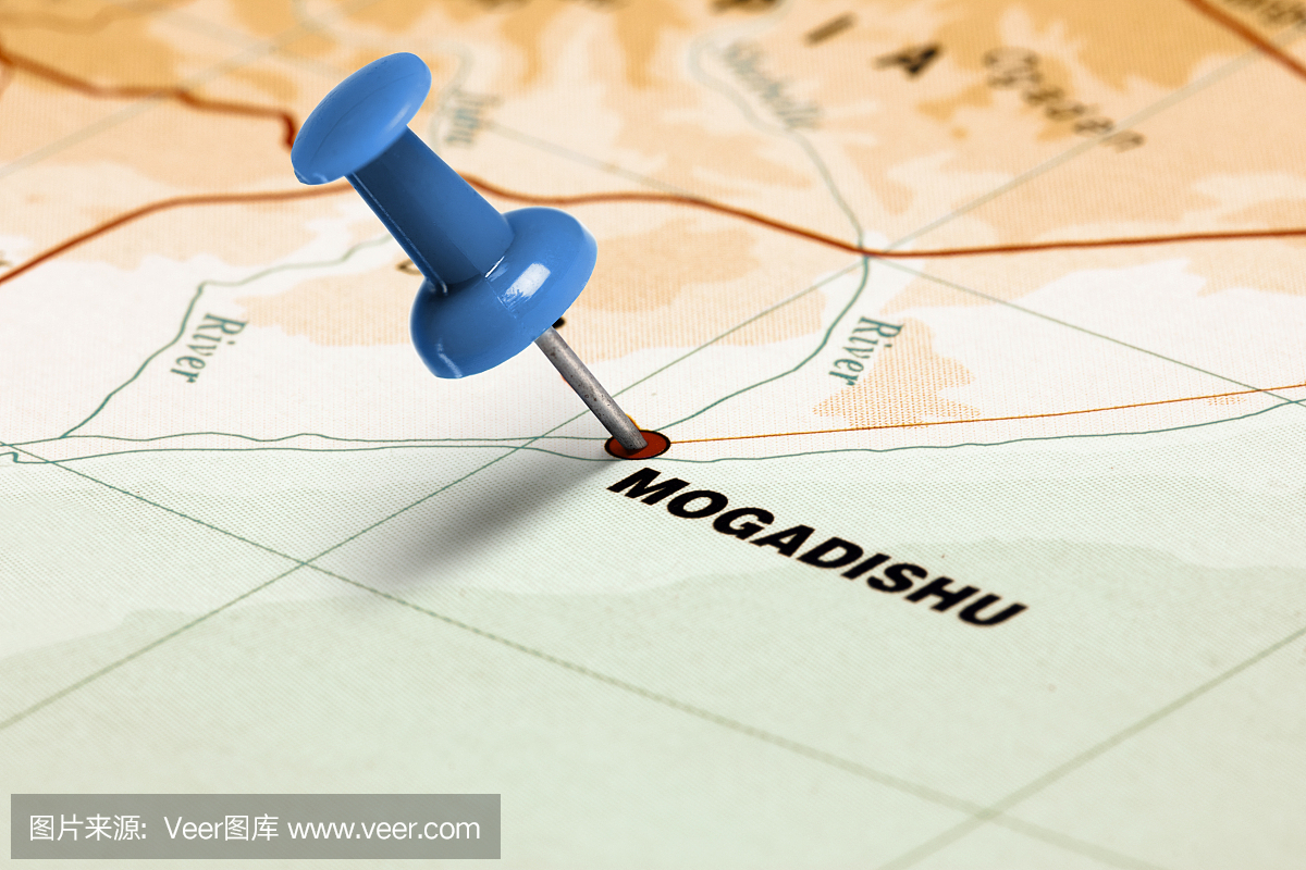 位置摩加迪沙蓝色的针在地图上。