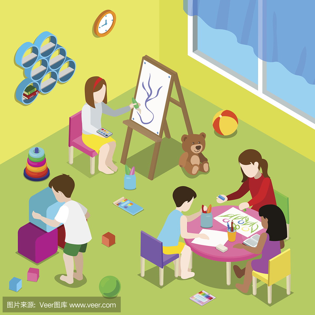 平面等距教师和儿童绘画和玩在幼儿园或日托中