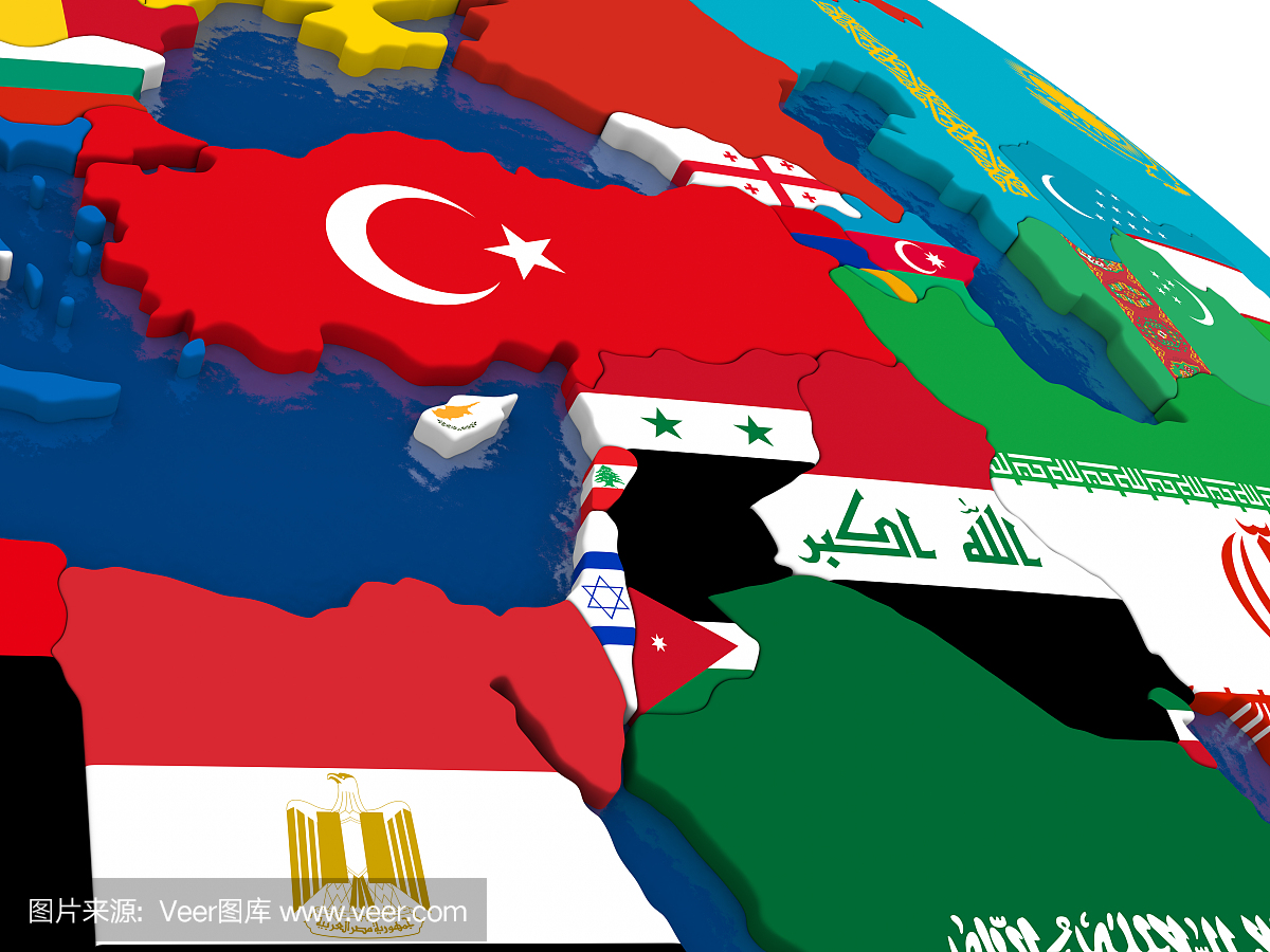 中东在3D地图上有旗帜