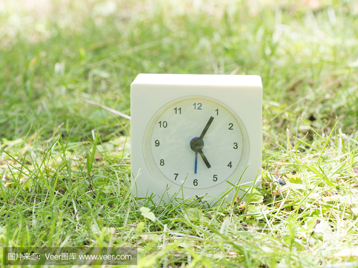 草坪上的白色简单时钟,5点05分五点钟