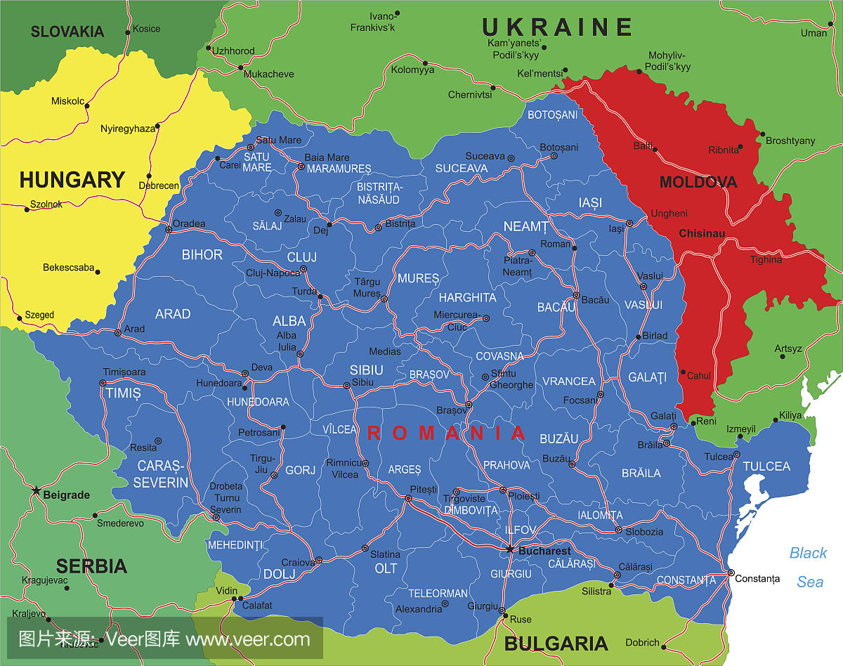罗马尼亚的地图,包括所有城市和州