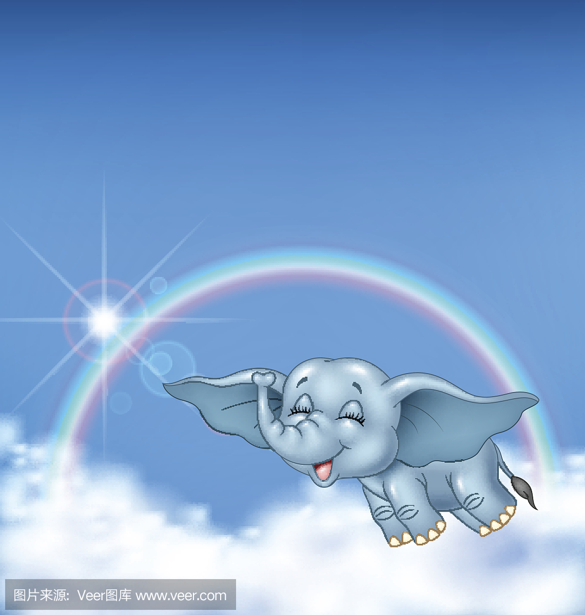 可爱的小象在彩虹背景上飞翔