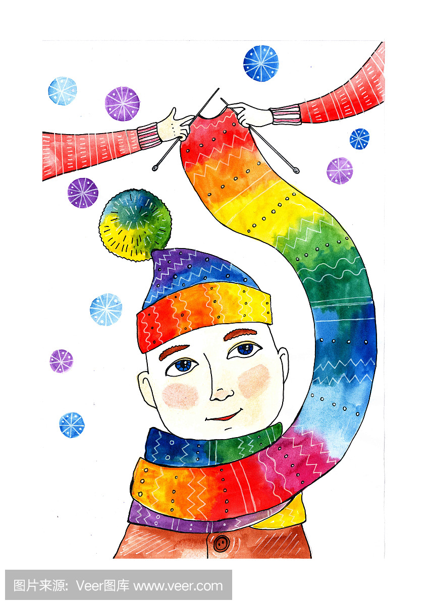 一个男孩在针织的帽子和围巾的水彩插图