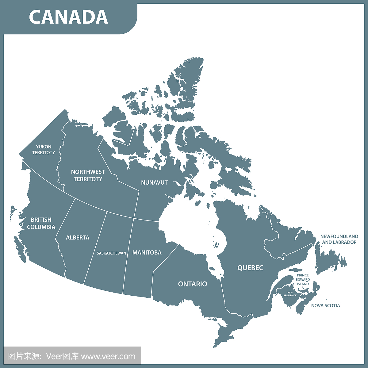 加拿大地区或州的详细地图