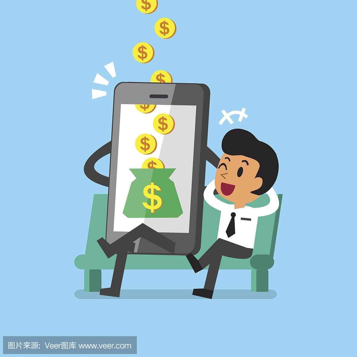 商业概念卡通智能手机帮助商人赚钱