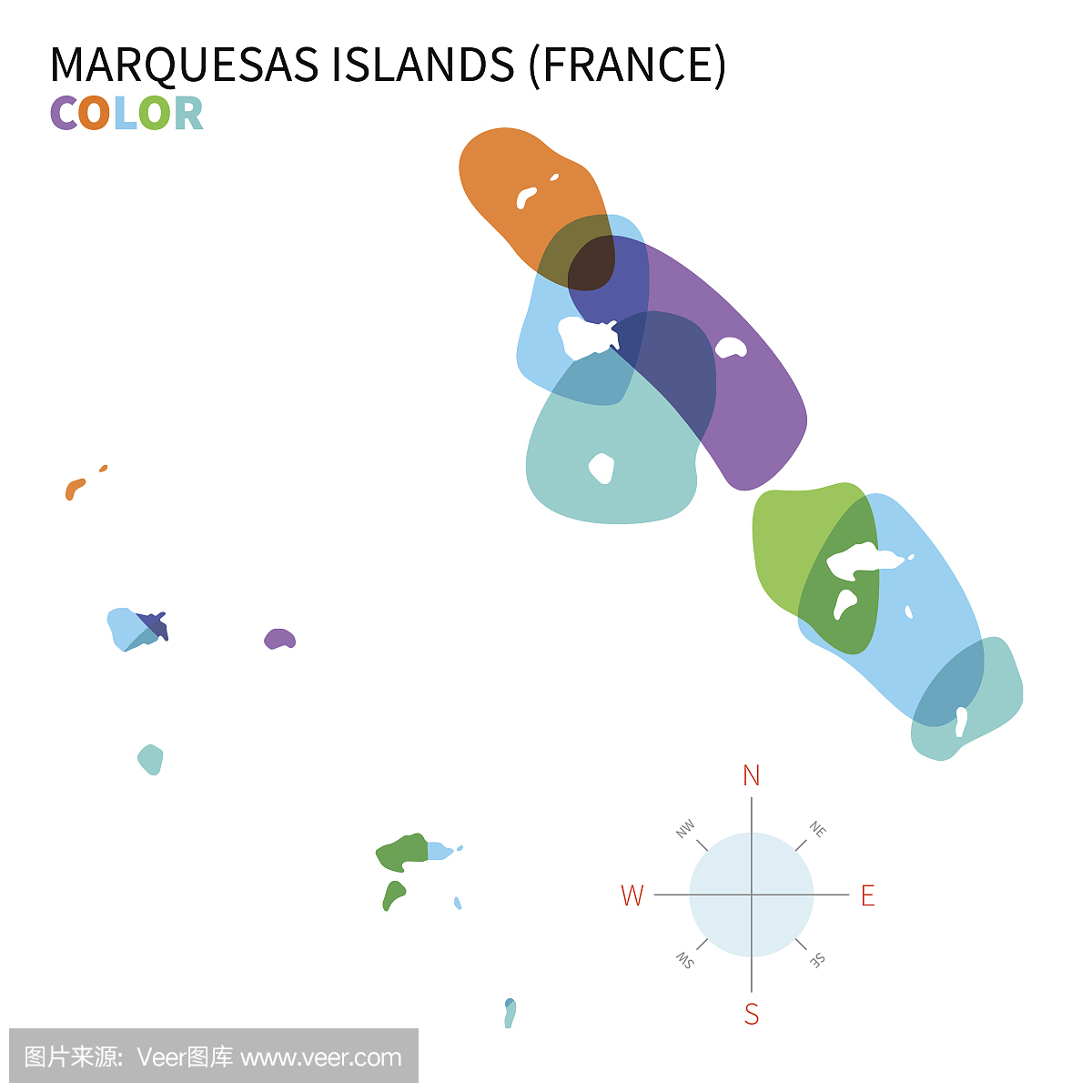 Marquesas群岛与透明油漆的抽象矢量颜色地图