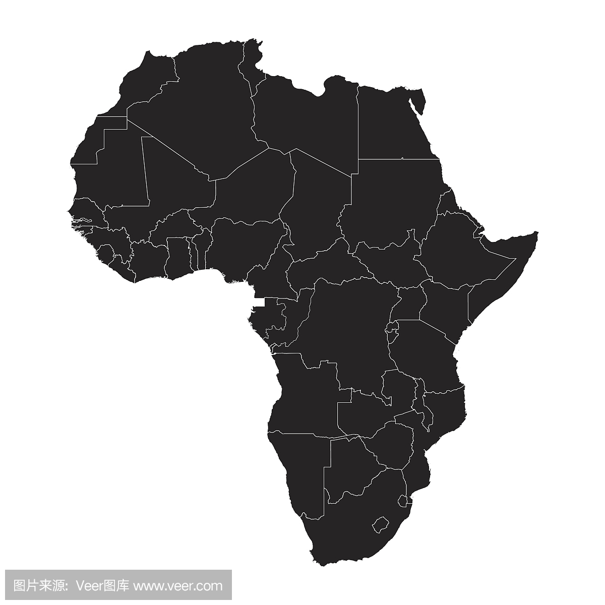 黑非洲剪影地图与边界线