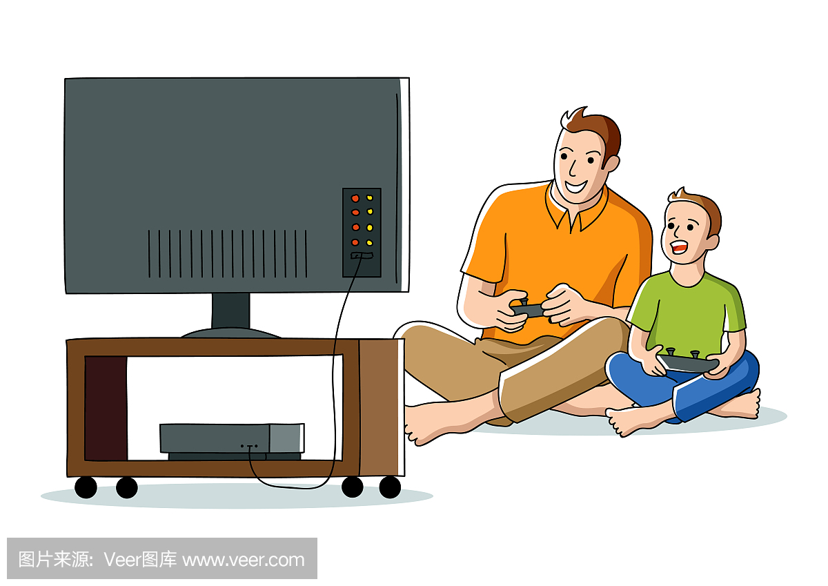 Cartoon of father and son playing video game